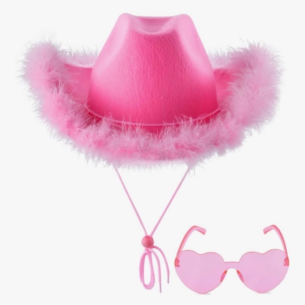 Pink Cowboy Hat and Heart Sunglasses Set